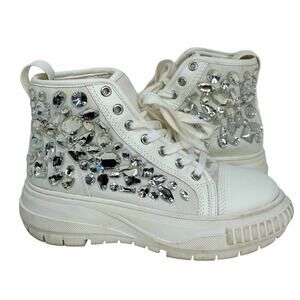 Azalea Wang High Top Rhinestone Embellished Canvas Sneaker Trainer Shoe - WHITE
